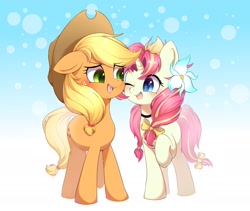 Size: 2048x1726 | Tagged: safe, artist:sione29031414, character:applejack, oc, species:earth pony, species:pony, species:unicorn, g4, apple family member, applejack's hat, blushing, bow, bubble, clothing, cowboy hat, cute, duo, eyebrows, eyebrows visible through hair, female, floppy ears, flower, flower in hair, freckles, gradient background, hair bow, hat, jackabetes, looking at each other, mare, ocbetes, one eye closed, open mouth, raised hoof, sparkly eyes, stetson, tail, tail bow, wingding eyes