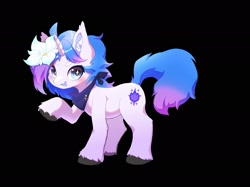 Size: 2048x1535 | Tagged: safe, artist:sione29031414, oc, oc only, species:pony, species:unicorn, black background, blep, clothing, flower, flower in hair, horn, looking at you, neckerchief, raised hoof, simple background, solo, sparkly eyes, tongue out, unicorn oc, unshorn fetlocks, wingding eyes