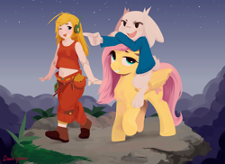 Size: 3542x2577 | Tagged: safe, artist:some_ponu, character:fluttershy, species:human, species:pegasus, species:pony, g4, cave story, crossover, curly brace, female, furry, human and pony, mare, riding a pony, signature, sue sakamoto, trio