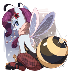 Size: 3400x3600 | Tagged: safe, artist:nookprint, character:rarity, species:pony, species:unicorn, g4, abstract background, animal costume, bee costume, clothing, costume, crossover, dialogue, female, final fantasy, final fantasy vii, fishnet pantyhose, flower, flower in hair, leotard, lidded eyes, looking at you, looking back, looking back at you, mare, profile, raribee, sitting, solo, text
