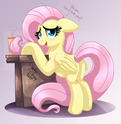 Size: 1500x1540 | Tagged: safe, artist:joakaha, character:fluttershy, species:pegasus, species:pony, g4, bipedal, bipedal leaning, butt, cute, dialoguet, female, floppy ears, flutterbutt, gradient background, leaning, looking at you, open mouth, plot, shyabetes, simple background, solo, talking to viewer, text, three quarter view