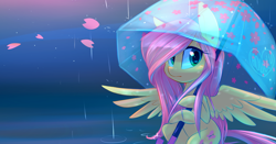 Size: 2400x1256 | Tagged: safe, artist:meekcheep, character:fluttershy, species:pegasus, species:pony, g4, cute, female, hoof hold, mare, rain, shyabetes, solo, spread wings, sweet dreams fuel, umbrella, water, wings