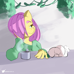 Size: 3000x3000 | Tagged: safe, artist:zoeydidthis, character:angel bunny, character:fluttershy, species:anthro, species:pegasus, species:rabbit, g4, coffee, coffee mug, colored eyebrows, cute, drink, explicit source, eyebrows, female, hair over one eye, mare, mug, shyabetes, sleeping, solo