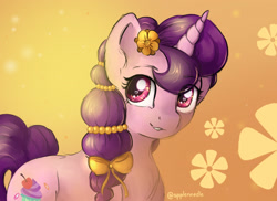 Size: 2200x1600 | Tagged: safe, artist:appleneedle, character:sugar belle, species:pony, species:unicorn, g4, abstract background, bow, cute, eyebrows, eyebrows visible through hair, female, flower, flower in hair, gradient background, hair bow, mare, signature, solo, three quarter view