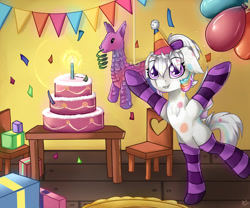 Size: 1280x1067 | Tagged: safe, artist:appleneedle, oc, oc only, oc:confetti cupcake, species:bat pony, species:pony, g4, balloon, bat pony oc, bipedal, birthday, bow, cake, candle, clothing, commission, confetti, cute, eyebrows, eyebrows visible through hair, female, food, looking at you, mare, ocbetes, party, present, signature, socks, solo, striped socks