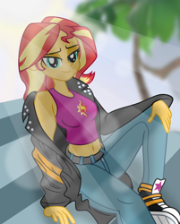 Size: 6480x8040 | Tagged: safe, artist:emeraldblast63, artist:patanu, character:sunset shimmer, g4, my little pony:equestria girls, absurd resolution, bench, blurred background, clothing, crepuscular rays, female, high res, jacket, looking at you, pants, sitting, smiling, solo, tank top