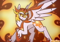 Size: 4093x2894 | Tagged: safe, artist:jellysketch, character:daybreaker, character:princess celestia, species:alicorn, species:pony, g4, armor, evil, female, fire, high res, mare, raised hoof, signature, smiling, solo, spread wings, sun, wings