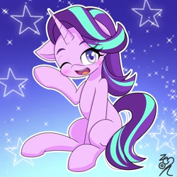 Size: 2048x2048 | Tagged: safe, artist:zeon_starlight, character:starlight glimmer, species:pony, species:unicorn, g4, blushing, cute, female, glimmerbetes, high res, looking at you, mare, one eye closed, open mouth, open smile, signature, sitting, smiling, smiling at you, solo, wink, winking at you