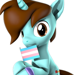 Size: 2124x2160 | Tagged: safe, artist:melodismol, oc, oc:melodi, species:pony, species:unicorn, 3d, bracelet, flag, holding, jewelry, looking at you, male, pride, pride flag, solo, source filmmaker, trans male, transgender, transgender pride flag, transparent background, worried