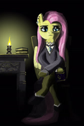 Size: 1280x1920 | Tagged: safe, artist:ciborgen, character:fluttershy, species:pegasus, species:pony, g4, candle, clothing, female, fluttergoth, full face view, looking at you, mare, semi-anthro, sitting, solo