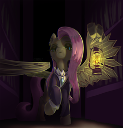 Size: 3038x3134 | Tagged: safe, artist:ciborgen, character:fluttershy, species:pegasus, species:pony, g4, bookshelf, clothing, female, fluttergoth, frown, lantern, looking at you, mare, raised hoof, redraw, solo, wing hands, wing hold, wings