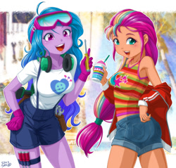 Size: 1200x1148 | Tagged: safe, artist:uotapo, character:izzy moonbow, character:sunny starscout, species:earth pony, species:eqg human, species:human, species:unicorn, g4, g5, my little pony:equestria girls, boobs and butt pose, breasts, butt, clothing, cutie mark, cutie mark on clothes, equestria girls-ified, g5 to equestria girls, generation leap, gloves, goggles, gradient hair, headphones, looking at you, multicolored hair, open mouth, safety goggles, screwdriver, smoothie, species swap, sunny starbutt