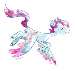 Size: 2048x1944 | Tagged: safe, artist:runkpori, character:zipp storm, species:pegasus, species:pony, g5, alternate design, colored hooves, colored wings, female, flying, freckles, hooves, mare, multicolored wings, profile, redesign, signature, simple background, solo, spread wings, unshorn fetlocks, white background, wings