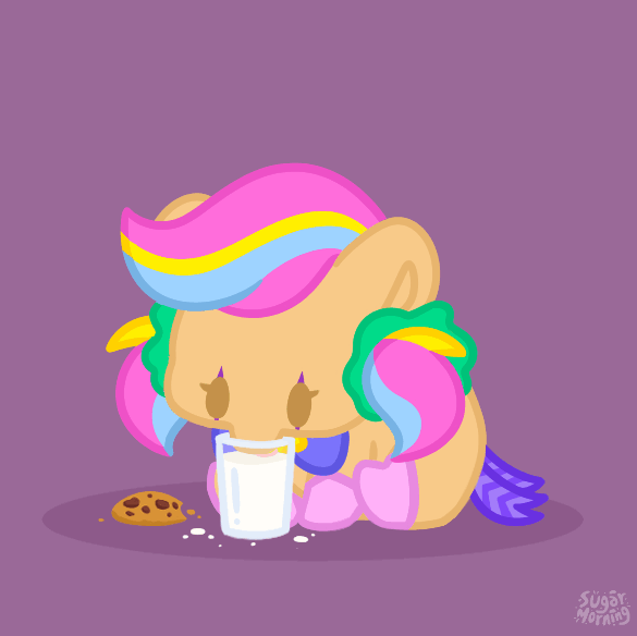 Size: 585x584 | Tagged: safe, artist:sugar morning, artist:tonyyotes, artist:yotesmark, oc, oc only, oc:joyance, species:pony, baby, baby pony, chibi, clown, cookie, crossover, cute, digital art, drink, drinking, female, filly, food, highlights, milk, original species, pink hair, pixel art, snacks, solo, video game, ych animation, ych example, ych result, young, your character here