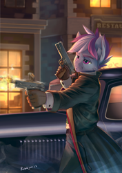 Size: 1527x2160 | Tagged: safe, artist:rublegun, oc, oc only, species:anthro, building, car, dual wield, fingers, gun, male, outdoors, solo, town, weapon