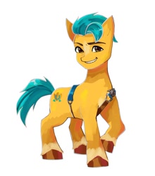 Size: 1088x1239 | Tagged: safe, artist:plusplus_pony, character:hitch trailblazer, species:earth pony, species:pony, g5, blaze (coat marking), coat markings, colored hooves, cute, hitchbetes, hooves, looking at you, male, raised hoof, simple background, smiling, socks (coat marking), solo, stallion, unshorn fetlocks, white background