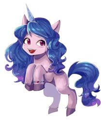 Size: 1210x1380 | Tagged: safe, artist:plusplus_pony, character:izzy moonbow, species:pony, species:unicorn, g5, bracelet, colored eyebrows, colored hooves, cute, eyebrows, female, gradient hair, hooves, izzybetes, jewelry, looking at you, mare, multicolored hair, open mouth, rearing, simple background, solo, unshorn fetlocks, white background