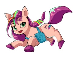Size: 720x545 | Tagged: safe, artist:plusplus_pony, character:sunny starscout, species:earth pony, species:pony, g5, bag, colored eyebrows, colored hooves, cute, eyebrows, female, hooves, looking at you, mare, multicolored hair, satchel, simple background, solo, sunnybetes, unshorn fetlocks, white background