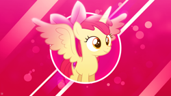 Size: 1920x1080 | Tagged: safe, artist:drakesparkle44, character:apple bloom, species:alicorn, species:earth pony, species:pony, g4, abstract background, alicornified, apple family member, bloomicorn, cute, female, filly, race swap, smiling, solo, spread wings, three quarter view, wallpaper, wings, young