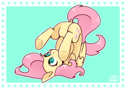 Size: 1280x906 | Tagged: safe, artist:jellysketch, character:fluttershy, species:pegasus, species:pony, g4, colored pupils, cute, female, mare, shyabetes, signature, simple background, solo, upside down