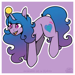 Size: 1280x1280 | Tagged: safe, artist:jellysketch, character:izzy moonbow, species:pony, species:unicorn, g5, ball, childproof horn, cute, eye clipping through hair, female, gradient hair, horn, hornball, izzy's tennis ball, izzybetes, mare, multicolored hair, open mouth, open smile, purple background, signature, simple background, smiling, solo, tennis ball, toy
