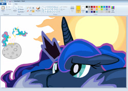Size: 1024x734 | Tagged: safe, character:princess celestia, character:princess luna, species:alicorn, species:pony, g4, clothing, crown, cute, digital art, female, hoof shoes, jewelry, lunabetes, mare, moon, ms paint, necklace, peytral, regalia, sad, sadorable, shoes, spread wings, sun, wings
