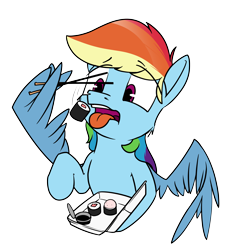 Size: 4400x4800 | Tagged: safe, artist:dacaoo, derpibooru original, character:rainbow dash, species:pegasus, species:pony, g4, absurd resolution, chopsticks, eye clipping through hair, eyebrows, eyebrows visible through hair, feathered wings, female, food, mare, meat, open mouth, ponies eating meat, simple background, solo, sushi, tongue out, transparent background, wing hands, wings