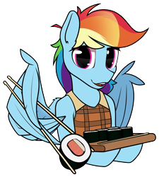 Size: 1800x2000 | Tagged: safe, artist:dacaoo, character:rainbow dash, species:pegasus, species:pony, g4, chopsticks, clothing, feather fingers, female, food, jacket, looking at you, mare, semi-anthro, simple background, solo, sushi, transparent background, wing hands, wing hold, wings