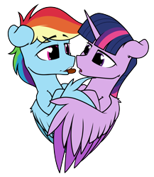 Size: 3300x3800 | Tagged: safe, artist:dacaoo, character:rainbow dash, character:twilight sparkle, character:twilight sparkle (alicorn), species:alicorn, species:pegasus, species:pony, ship:twidash, episode:hearts and hooves day, g4, my little pony: friendship is magic, chocolate, colored wings, cute, dashabetes, eyebrows, eyebrows visible through hair, female, floppy ears, food, heart, heart eyes, holiday, hug, imminent kissing, lesbian, mare, multicolored wings, shipping, simple background, three quarter view, transparent background, twiabetes, two toned wings, valentine's day, wingding eyes, winghug, wings