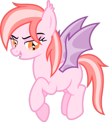 Size: 3583x4000 | Tagged: safe, artist:melodiousmarci, oc, oc:strawberry gleam, species:bat pony, species:pony, digital art, fangs, flying, raised hoof, sharp teeth, simple background, smug, solo, transparent background, vector
