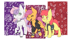 Size: 1798x1011 | Tagged: safe, artist:chillykitty, character:apple bloom, character:scootaloo, character:sweetie belle, species:earth pony, species:pegasus, species:pony, species:unicorn, g4, alternate universe, apple family member, clothing, cutie mark crusaders, emo, goth, jewelry, punk