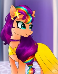 Size: 1074x1368 | Tagged: safe, artist:petaltwinkle, character:sunny starscout, species:earth pony, species:pony, g5, clothing, colored eyebrows, cute, dress, eyebrows, female, mare, multicolored hair, signature, smiling, solo, sunnybetes, three quarter view