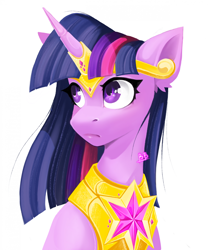 Size: 1752x2103 | Tagged: safe, artist:buvanybu, character:twilight sparkle, character:twilight sparkle (alicorn), species:alicorn, species:pony, g4, bust, female, jewelry, looking up, mare, necklace, peytral, regalia, simple background, solo, three quarter view, tiara, white background