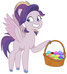 Size: 1388x1536 | Tagged: safe, artist:westrail642fan, oc, oc:shooting star (r&f), parent:oc:david wyne, parent:princess cadance, parents:canon x oc, species:pegasus, species:pony, my little pony: tell your tale, basket, easter egg, female, offspring, pegasus oc, simple background, solo, spread wings, style emulation, trace, transparent background, wings