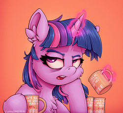 Size: 1216x1112 | Tagged: safe, artist:zeepheru_pone, character:twilight sparkle, character:twilight sparkle (alicorn), species:alicorn, species:pony, g4, angry, annoyed, bags under eyes, cheek fluff, chest fluff, coffee, coffee mug, colored eyebrows, drink, ear fluff, eyebrows, female, fluffy, glowing horn, gradient background, horn, leg fluff, looking at you, magic, magic aura, mare, mug, orange background, simple background, solo, telekinesis, twilight is not amused, unamused