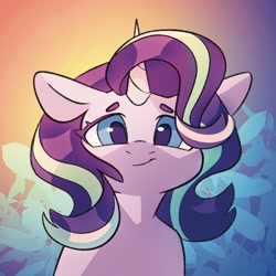 Size: 2008x2008 | Tagged: safe, artist:dodsie, character:starlight glimmer, species:pony, species:unicorn, g4, abstract background, bust, colored eyebrows, cute, eyebrows, female, front view, full face view, glimmerbetes, gradient background, high res, looking at you, mare, portrait, smiling, smiling at you, solo