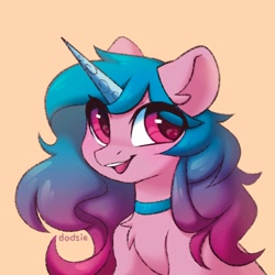 Size: 1000x1000 | Tagged: safe, artist:dodsie, character:izzy moonbow, species:pony, species:unicorn, g5, chest fluff, collar, cute, eye clipping through hair, female, gradient hair, hair, horn, izzybetes, looking at you, mane, mare, multicolored hair, open mouth, open smile, pink eyes, signature, simple background, smiling, solo, three quarter view