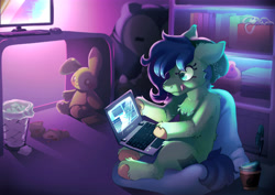Size: 7016x4961 | Tagged: safe, artist:cutepencilcase, oc, oc:gray hat, species:earth pony, species:pony, beanbag chair, beanie hat, coffee, computer, drink, female, laptop, plushie, solo, solo female, toy