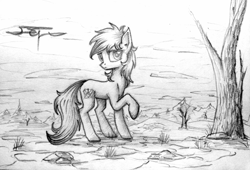 Size: 1300x886 | Tagged: safe, artist:setharu, species:earth pony, species:pony, fallout equestria, fallout equestria: project horizons, cloud, cloudy, crossover, dead tree, fallout, fallout equestria: homelands, grass, landscape, looking at you, raised hoof, scenery, signature, sketch, solo, tree, uncertain