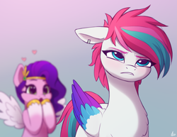 Size: 2463x1900 | Tagged: safe, artist:luminousdazzle, manebooru spotlight, character:pipp petals, character:zipp storm, species:pegasus, species:pony, g5, adorapipp, adorazipp, alternate hairstyle, blurry, blushing, colored wings, crown, cute, duo, duo female, ear piercing, female, females only, floating heart, floppy ears, folded wings, frown, gasp, gradient background, heart, high res, jewelry, love, mare, multicolored hair, multicolored wings, open mouth, piercing, pipp wings, regalia, royal sisters (g5), siblings, signature, simple background, sisters, spread wings, unamused, wings, zipp storm is not amused