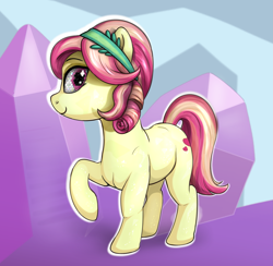 Size: 2783x2717 | Tagged: safe, artist:celsian, character:ruby love, species:crystal pony, species:pony, background pony, crystal, cute, cutie mark, explicit source, eyebrows, female, hairband, hooves, looking sideways at you, mare, one hoof raised, smiling, solo, tail, the crystal empire 10th anniversary