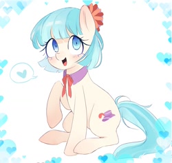 Size: 1053x1000 | Tagged: safe, artist:idiotfleshh, character:coco pommel, species:earth pony, species:pony, g4, cocobetes, cute, female, heart, looking at you, mare, open mouth, open smile, raised hoof, sitting, smiling, smiling at you, solo