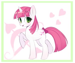 Size: 1179x1000 | Tagged: safe, artist:idiotfleshh, character:lovestruck, species:pony, species:unicorn, g4, bow, cutie mark, cutie mark background, female, hairpin, heart, horn, looking at you, mare, raised hoof, raised leg, solo, tail, tail bow