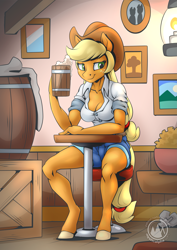 Size: 2171x3070 | Tagged: safe, artist:mysticalpha, character:applejack, species:anthro, species:earth pony, species:pony, species:unguligrade anthro, g4, apple family member, breasts, busty applejack, cider mug, cleavage, clothing, cowboy hat, female, freckles, hat, high res, indoors, mug, shirt, shorts, solo, stetson, watermark