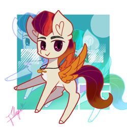 Size: 1080x1080 | Tagged: safe, artist:flower-black, derpibooru original, species:pegasus, species:pony, g5, abstract background, colored hooves, colored wings, cute, eyebrows, hooves, jewelry, looking at you, male, necklace, rocky riff, signature, smiling, spread wings, stallion, unshorn fetlocks, wings