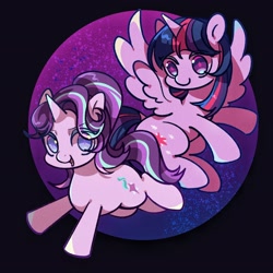 Size: 2048x2048 | Tagged: safe, artist:tkotu1, character:starlight glimmer, character:twilight sparkle, character:twilight sparkle (alicorn), species:alicorn, species:pony, species:unicorn, g4, cute, duo, eye clipping through hair, eyebrows, eyebrows visible through hair, female, glimmerbetes, high res, horn, looking at you, mare, open mouth, open smile, smiling, smiling at you, sparkly eyes, spread wings, starry eyes, twiabetes, wingding eyes, wings