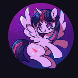 Size: 1080x1080 | Tagged: safe, artist:tkotu1, character:twilight sparkle, character:twilight sparkle (alicorn), species:alicorn, species:pony, g4, cute, eyebrows, eyebrows visible through hair, female, horn, looking at you, mare, smiling, smiling at you, solo, spread wings, starry eyes, twiabetes, wingding eyes, wings