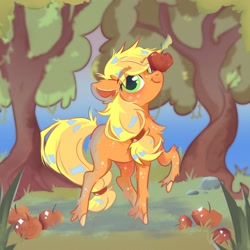 Size: 1200x1200 | Tagged: safe, artist:shoetasia, artist:tasiashoe, character:applejack, species:earth pony, species:pony, g4, apple, apple family member, balancing, chest fluff, cute, food, jackabetes, ponies balancing stuff on their nose, raised hoof, solo, tree