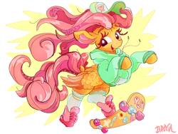 Size: 3200x2400 | Tagged: safe, artist:br0via, character:fluttershy, species:pegasus, species:pony, g4, baseball cap, cap, clothing, cute, daaaaaaaaaaaw, female, fluffy, fluffy wings, freckles, freckleshy, hat, high res, hoodie, hoof shoes, mare, open mouth, open smile, shoes, shyabetes, signature, simple background, skateboard, smiling, sneakers, socks, solo, white background, wings
