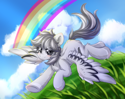 Size: 2202x1746 | Tagged: safe, artist:twilight-minkowski, oc, oc only, oc:xiaoyu, species:pegasus, species:pony, cloud, eyebrows, eyebrows visible through hair, flying, grass, looking at you, pegasus oc, rainbow, sky, smiling, smiling at you, solo, spread wings, wings